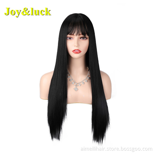 Wholesale Prices Wine Red Color Wig For Women Party Or Cosplay Natural Long Straight With Bangs Soft Synthetic Ladies Hair Wigs